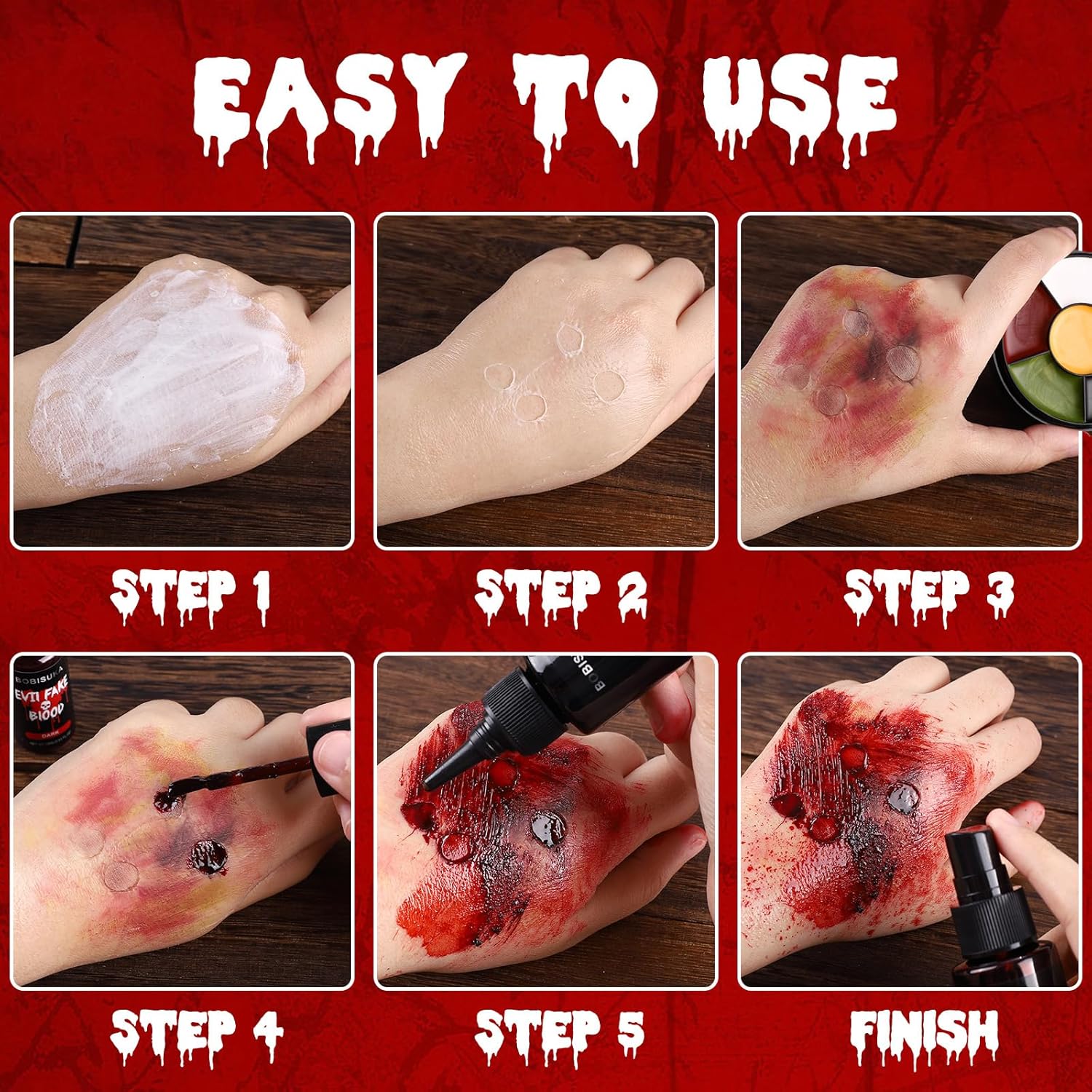Special Effects SFX Halloween Makeup Kit - Bruise Makeup Face Body Painting Palette, Scar Wax, Liquid Latex, Fake Blood Splatter Spray, Coagulated Blood Gel, Stipple Sponges, Cotton Swab