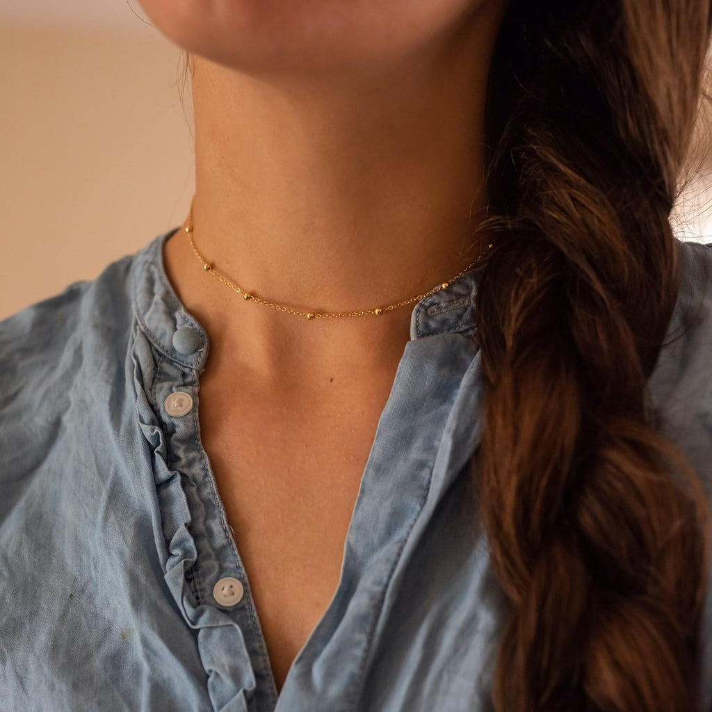 Tewiky Gold Chain Necklace for Women, 14k Gold Plated Thin Beaded Wave Box Chain Necklace Dainty Gold Necklace Simple Layered Gold Choker Necklaces Minimalist Gold Link Chain Necklace Trendy Jewelry for Women