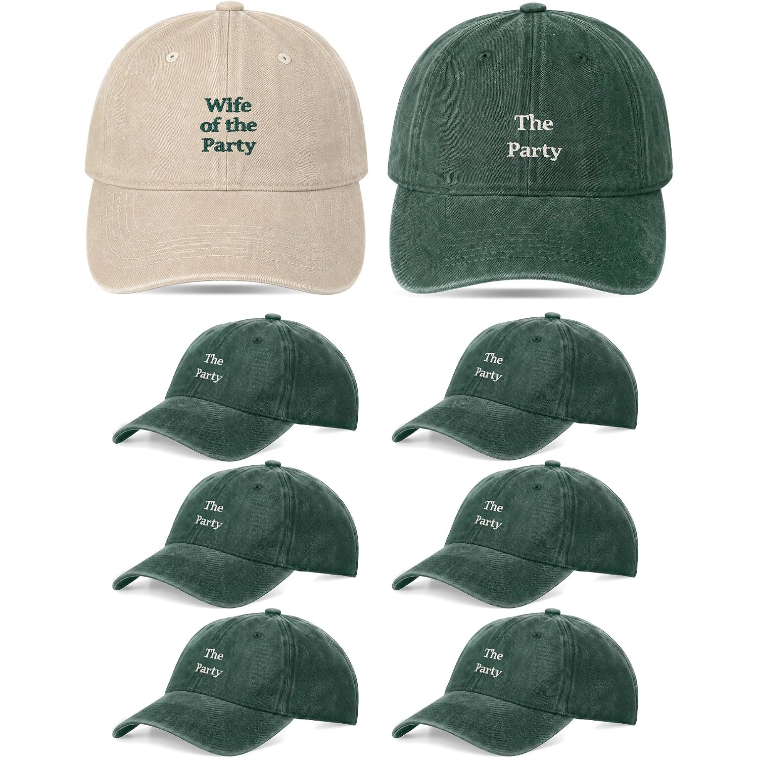 8 Pack Adjustable Bachelorette Hat, 1 Wife of the Party Cap and 7 the Party Cap for Bridesmaid Bride Wedding Gift Beige, Green