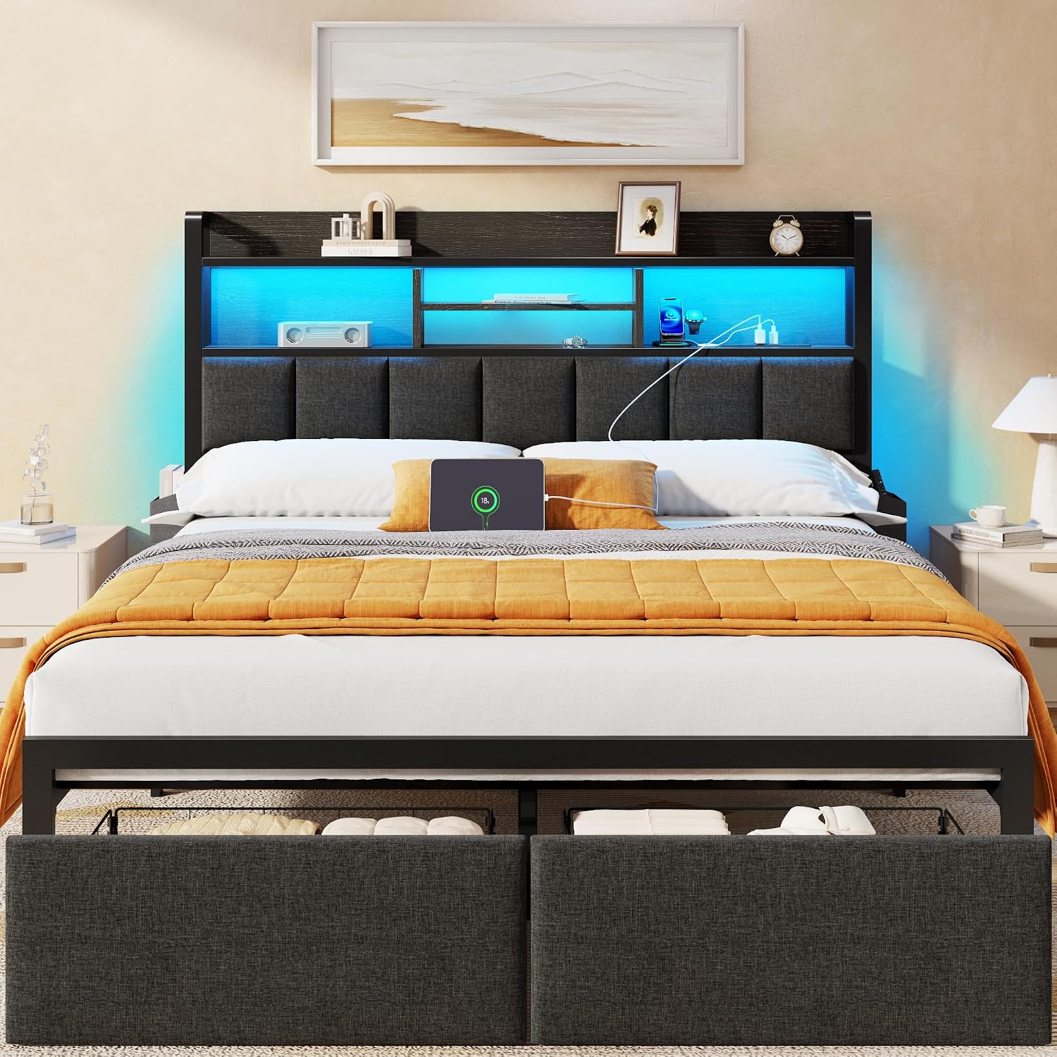 Queen Bed Frame With Storage Drawers, Upholstered Headboard With Led Light & Charging Station, Metal Platform Bed Frame Queen Size, Noise Free, No Box Spring Needed, Black (1200 Lbs Capacity)