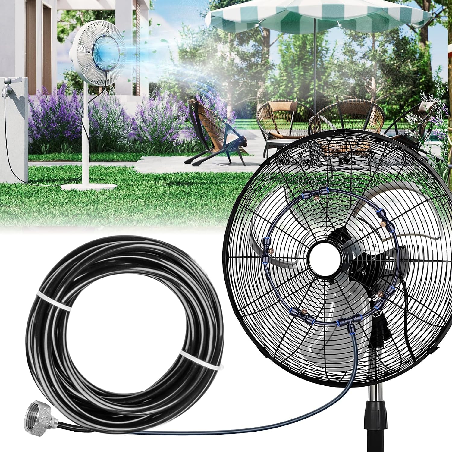 Homenote Misting Fan Kit For Outside Cooling, 16.4Ft Misting Line | 5 Brass Nozzles, 3/4" Brass Adapter, Outdoor Mister System For Patio, Backyard & Poolside Relaxation