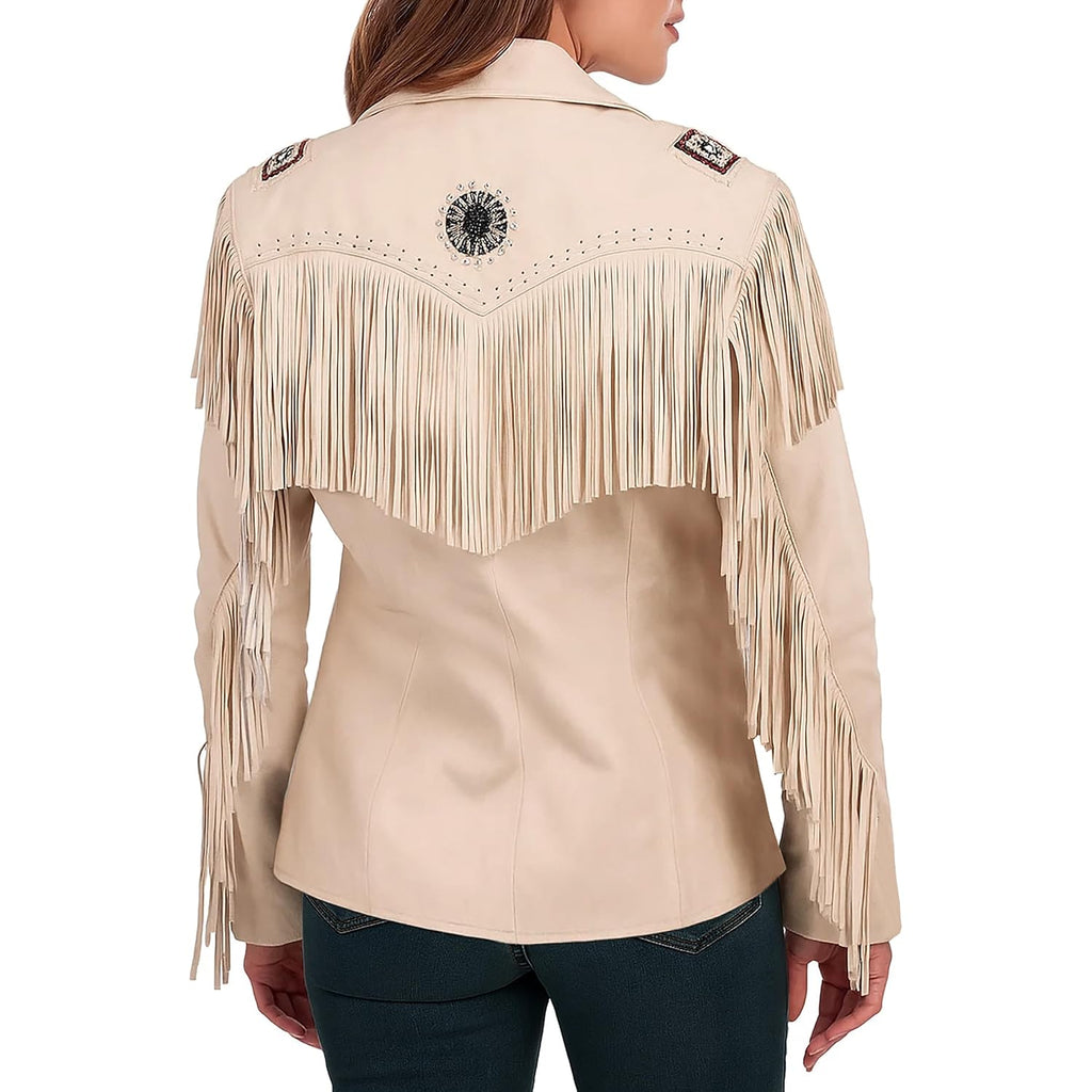 Spazeup Women'S Genuine Leather Fringe Jacket | Western Style Cream Fringe Jacket For Women
