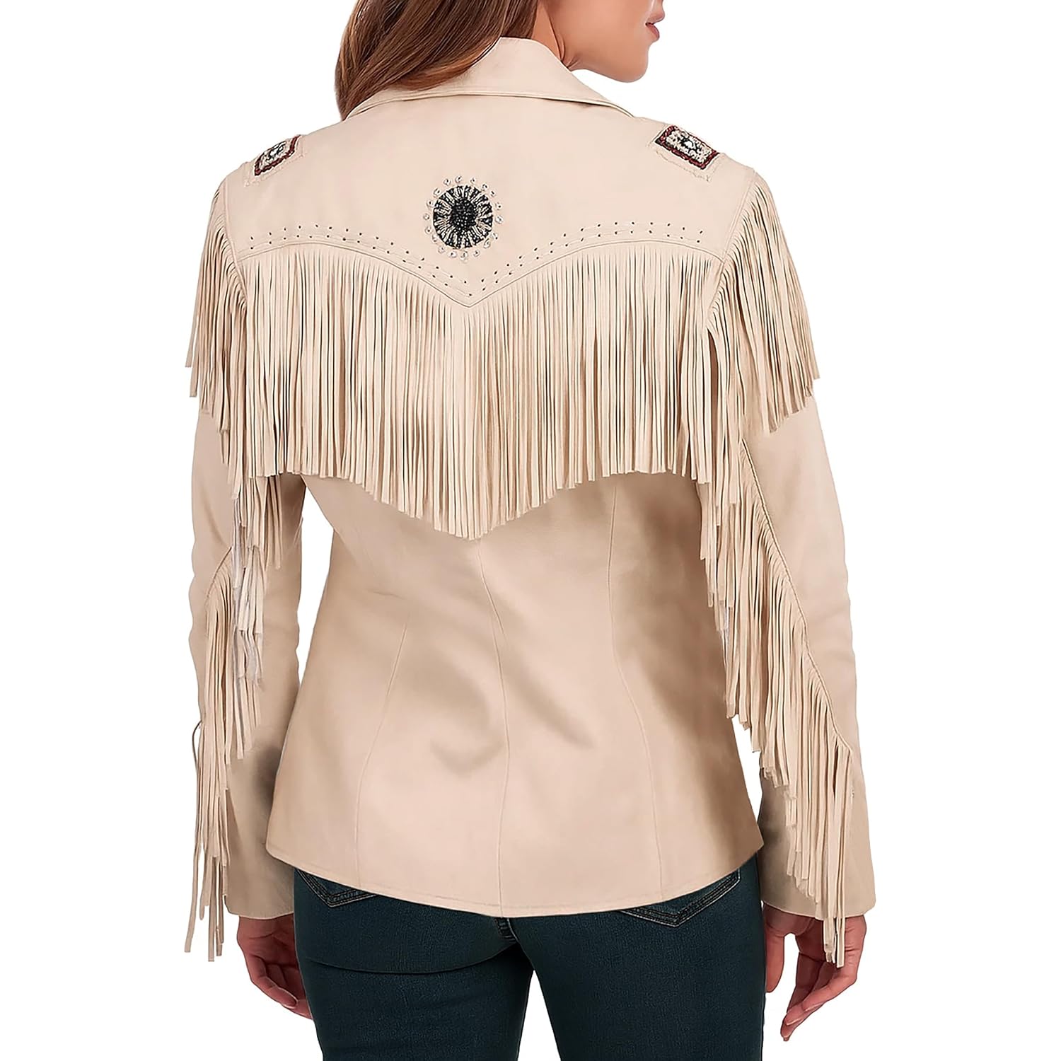 Spazeup Women'S Genuine Leather Fringe Jacket | Western Style Cream Fringe Jacket For Women