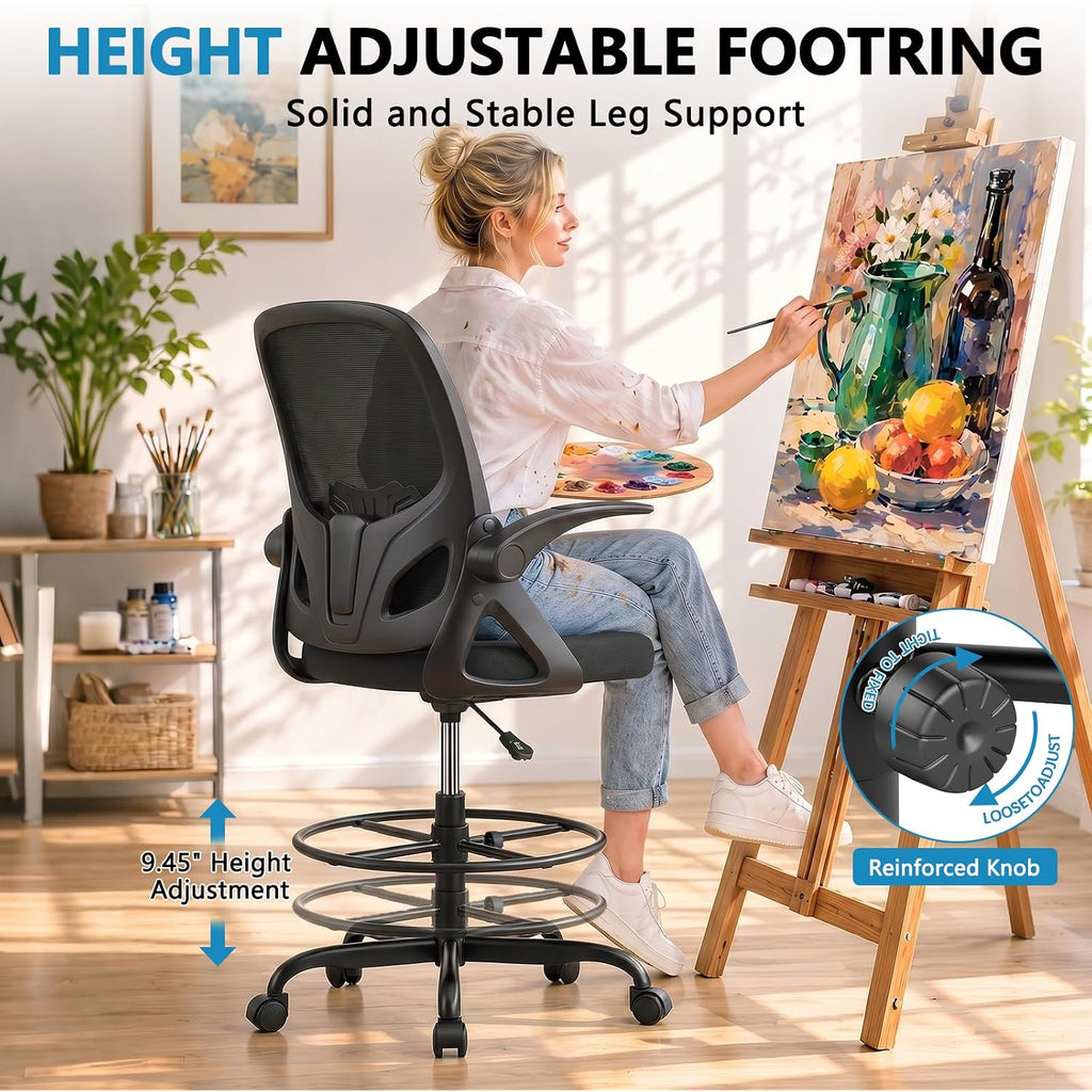 Drafting Chair Tall Office Chair, Ergonomic Standing Desk Chair With Adjustable Foot Ring And Flip-Up Armrests, Mesh Computer Chair For Art Studio, 300 Lbs, Black