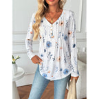 Womens Long Sleeve Tops V-Neck Loose Fit Shirts Pleated Print T-Shirts Dressy Casual 2026 Tunics