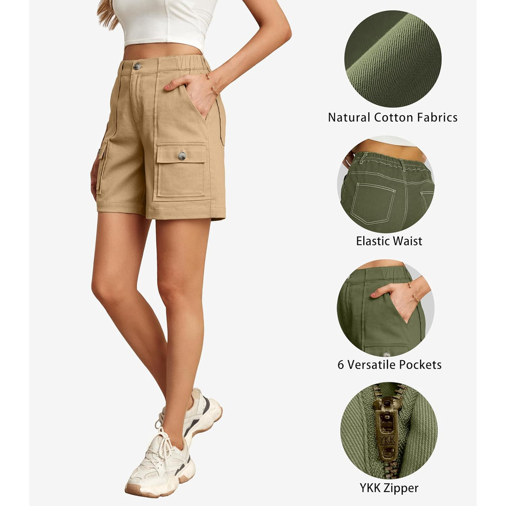 Cargo Shorts for Women Baggy Casual Elastic Waist Shorts Relaxed Fit Stretch Cargo Shorts with 6 Pockets