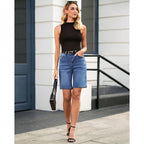 Bermuda Shorts for Women High Waisted Classic Casual Long Jean Shorts Stretchy Denim Jorts with Pockets
