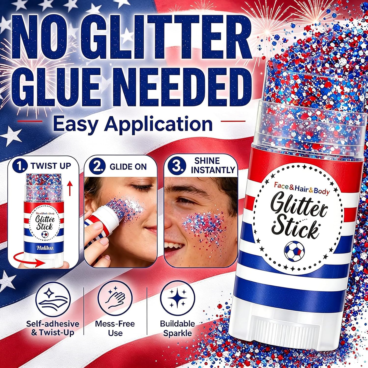 Patriotic 4Th Of July Glitter Stick,Sparkle Red White And Blue Face Hair Body Glitter,4Th Of July Outfits & Accessories For Women Kids,Waterproof Glitter Makeup For 250Th Independence Day Anniversary