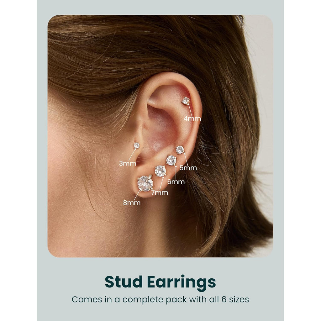 6 Pairs Stud Earrings Set, Hypoallergenic Cubic Zirconia 316L Earrings Stainless Steel CZ Earrings 3-8mm (Steel color)