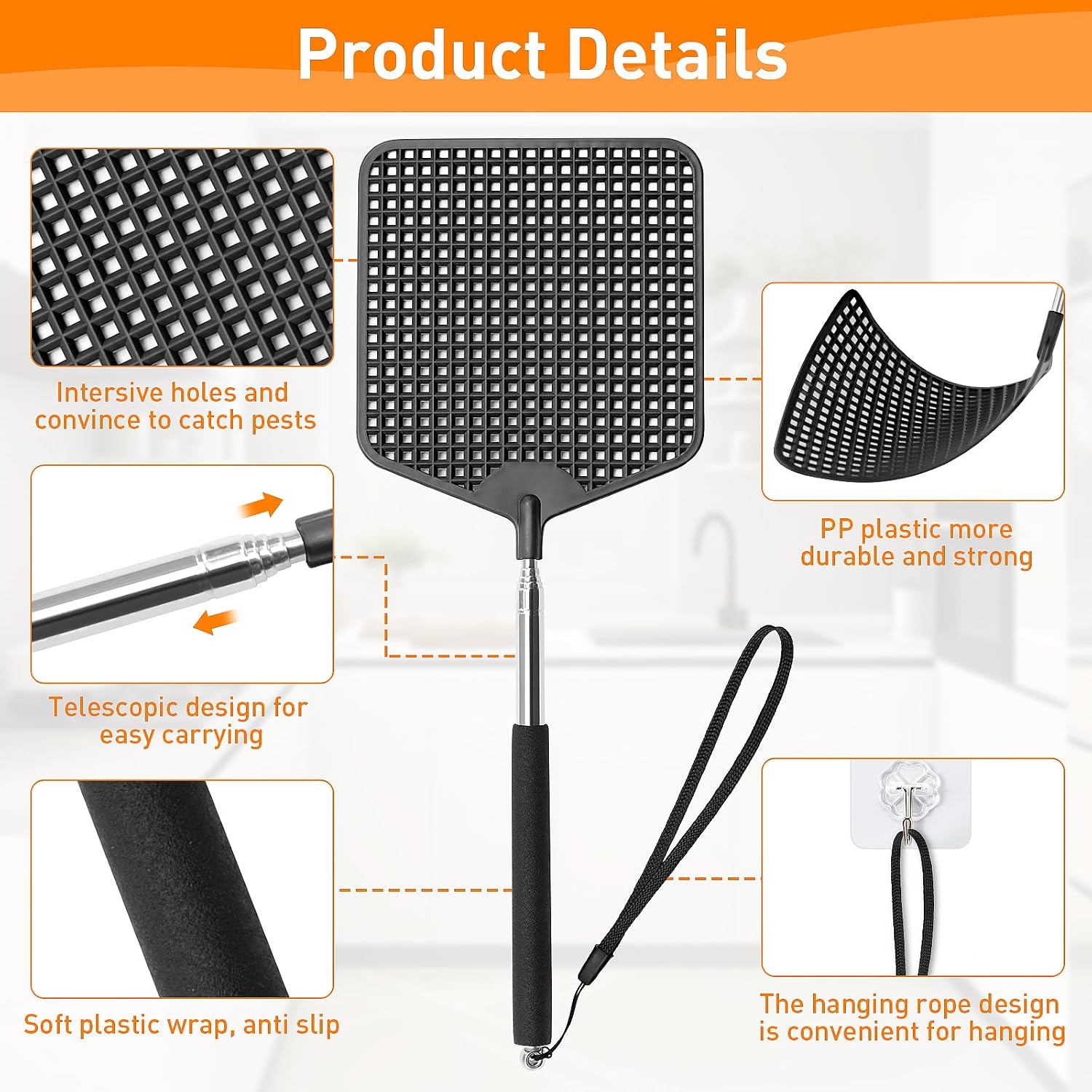 Hdajy Telescopic Fly Swatters 2 Pack, Premium Plastic Flyswatter, Fly Swatter Heavy Duty For Indoor, Outdoor, Classroom, Stainless Steel Handle（Black）