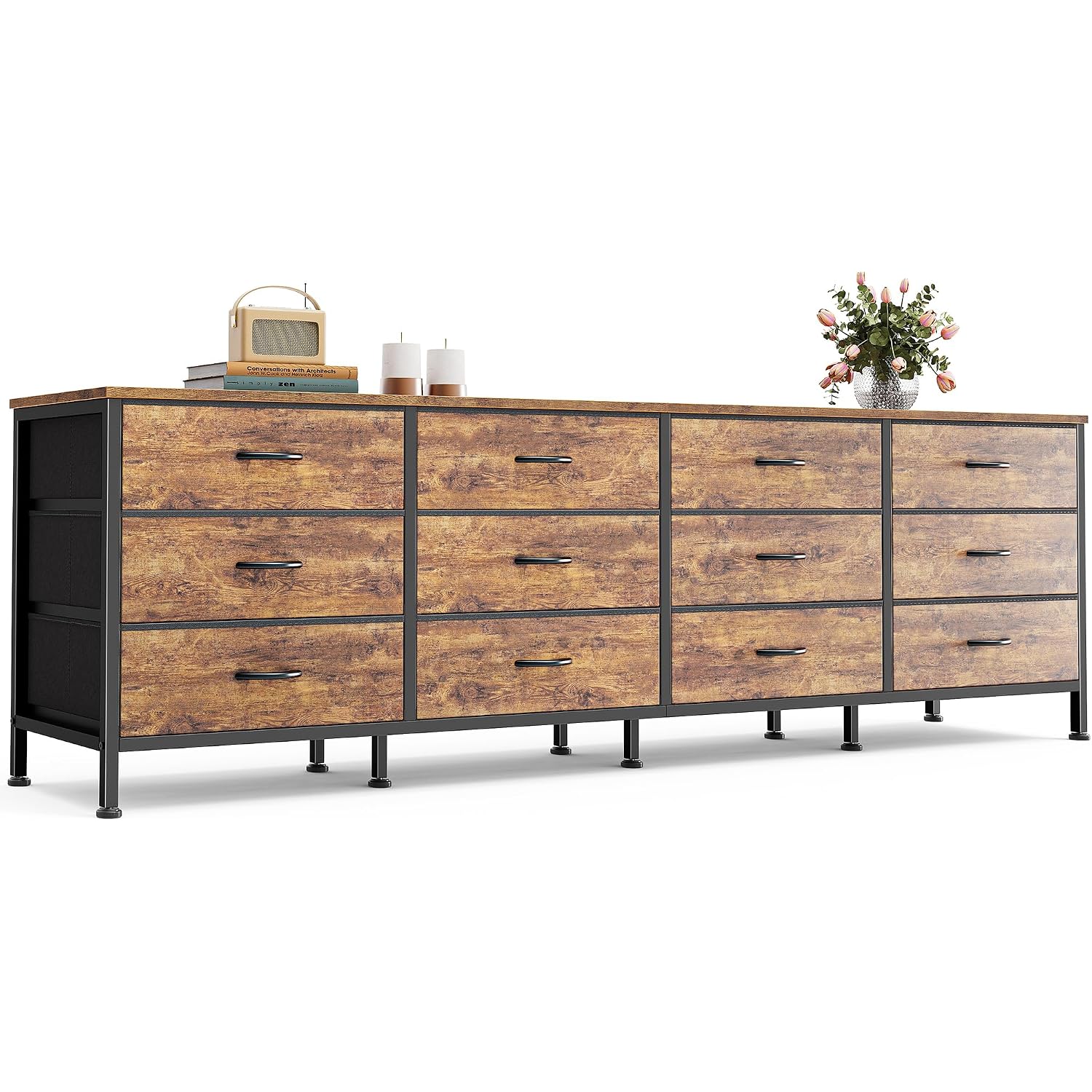 Huuger 70 Inch Dresser For Bedroom, Tv Stand For 65, 75, 80 Inch Tv, 12 Fabric Drawer Long Dresser, Large Entertainment Center For Bedroom, Wide Chest Of Drawer With Storage, Rustic Brown