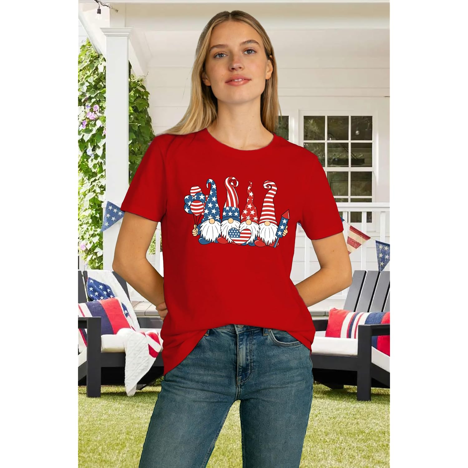 4th of July Shirts Women American Flag Gnomes T-Shirt Patriotic Stars and Stripes Tee Tops