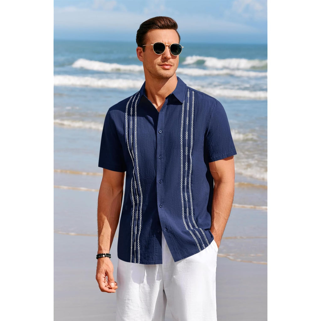 Runcati Mens Short Sleeve Guayabera Shirts Linen Cotton Button Down Mexican Embroidered Cuban Wedding Shirt Summer Beach Tops