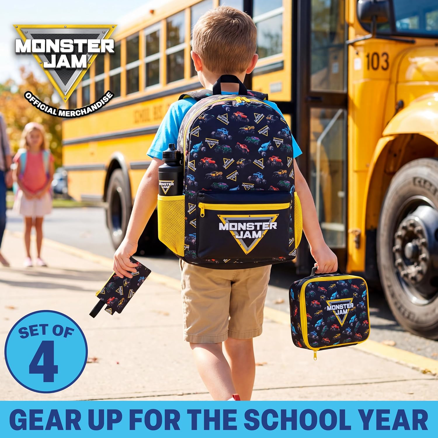 Get Trend Monster Jam Boys Backpack 4 Piece Set | 18 Inch Bookbag With Insulated Lunch Bag, Zipped Pencil Case & Bpa-Free Water Bottle, Back To School Gifts For Kids