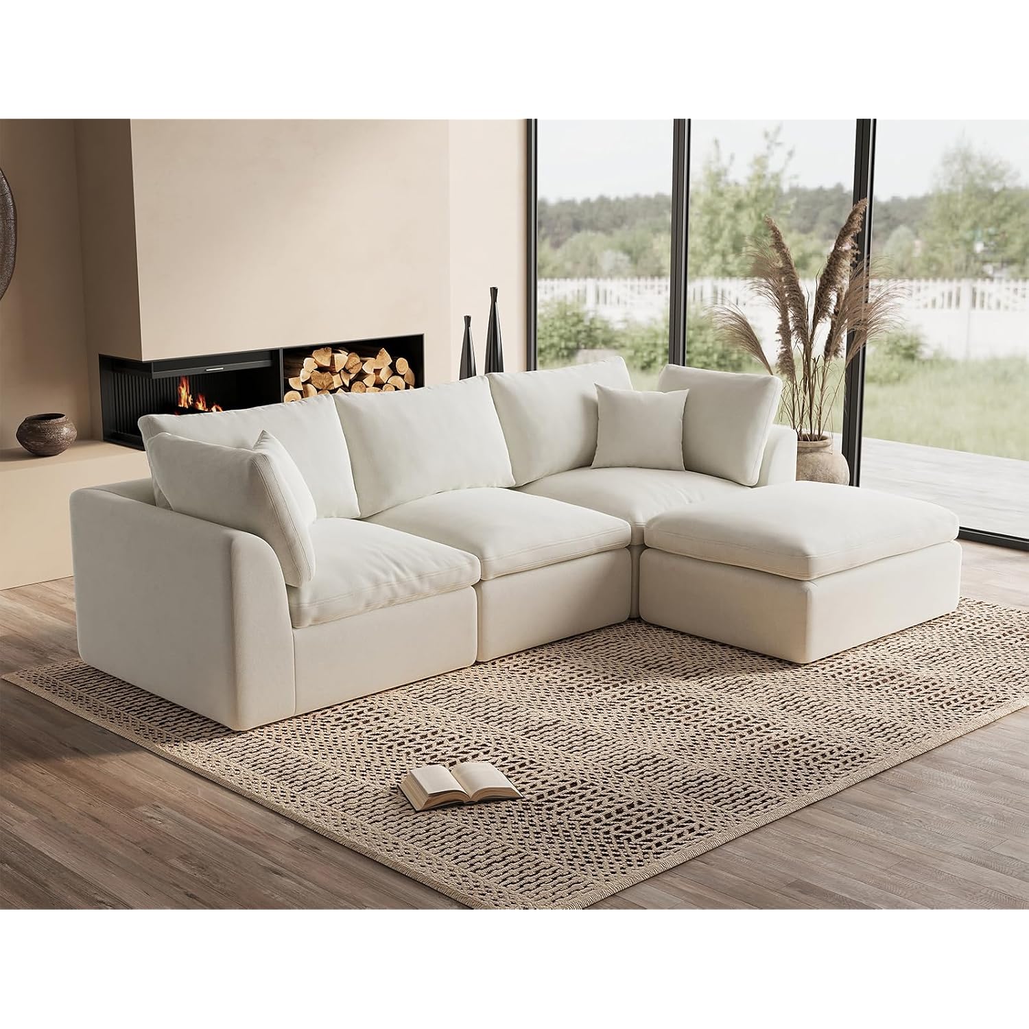 110" Cloud Sectional Couches For Living Room, Convertible L-Shape Couch With Ottoman, 3 Seater Modular Sectional Sofa, Warm White