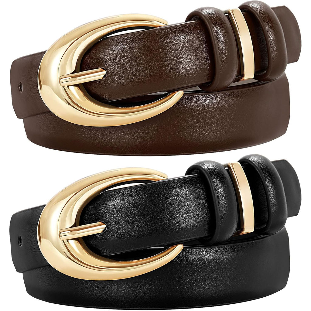 TRIWORKS 2 Pack Women Leather Belt for Jeans Pants Fashion Ladies Skinny Faux Leather Belt with Gold Buckle