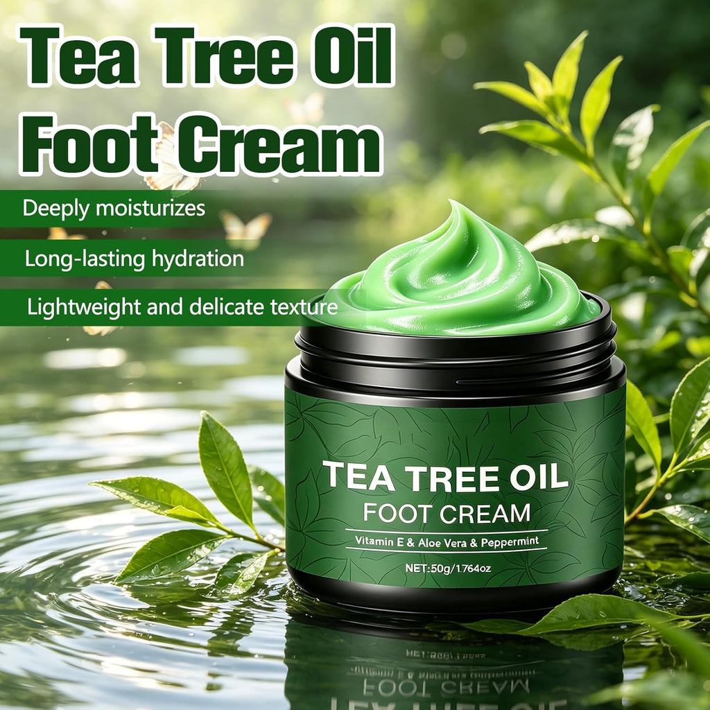 2Pcs Pure Tea Tree Oil Foot Cream with Vitamin E, Aloe Vera & Peppermint, Nourishing & Hydrating, for Dry Cracked Feet, Hands, Heels, Elbow, Nails, and Knees, Smooth Application-50g/1.764oz