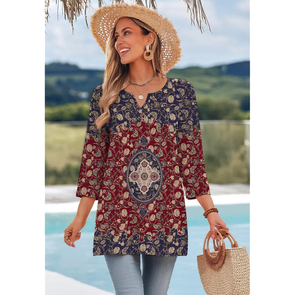 Summer Boho Tops For Women 3/4 Length Sleeve Womens Tops Vacation Outfits