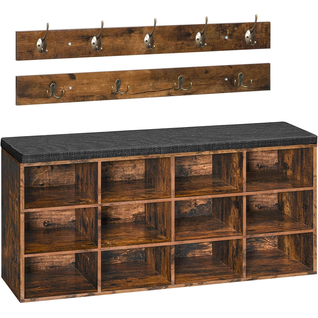 HOOBRO Shoe Storage Bench with Cushion, 39.4" L Entryway Bench with 12 Cubbies, Entryway Hall Tree with Storage, Shoe Cabinet with Coat Rack for Bedroom, Hallway, Holds up to 330 lb, BF112HX01G1