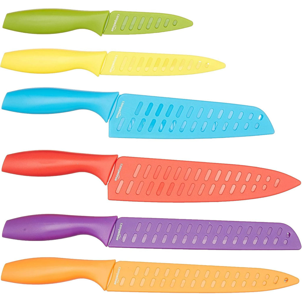 Amazon Basics Color-Coded Dishwasher Safe Kitchen Knife Set, 12-Piece with Ergonomic Handles, Non-stick Sharp Blades, 6 Knives with 6 Blade Guards, Multicolor, 13.88 x 4.13 x 1.38 inch
