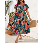 Floerns Women'S Plus Size Boho Hawaiian Tropical Dresses V Neck Short Sleeve Floral A Line Long Dress Vacation Beach Outfits