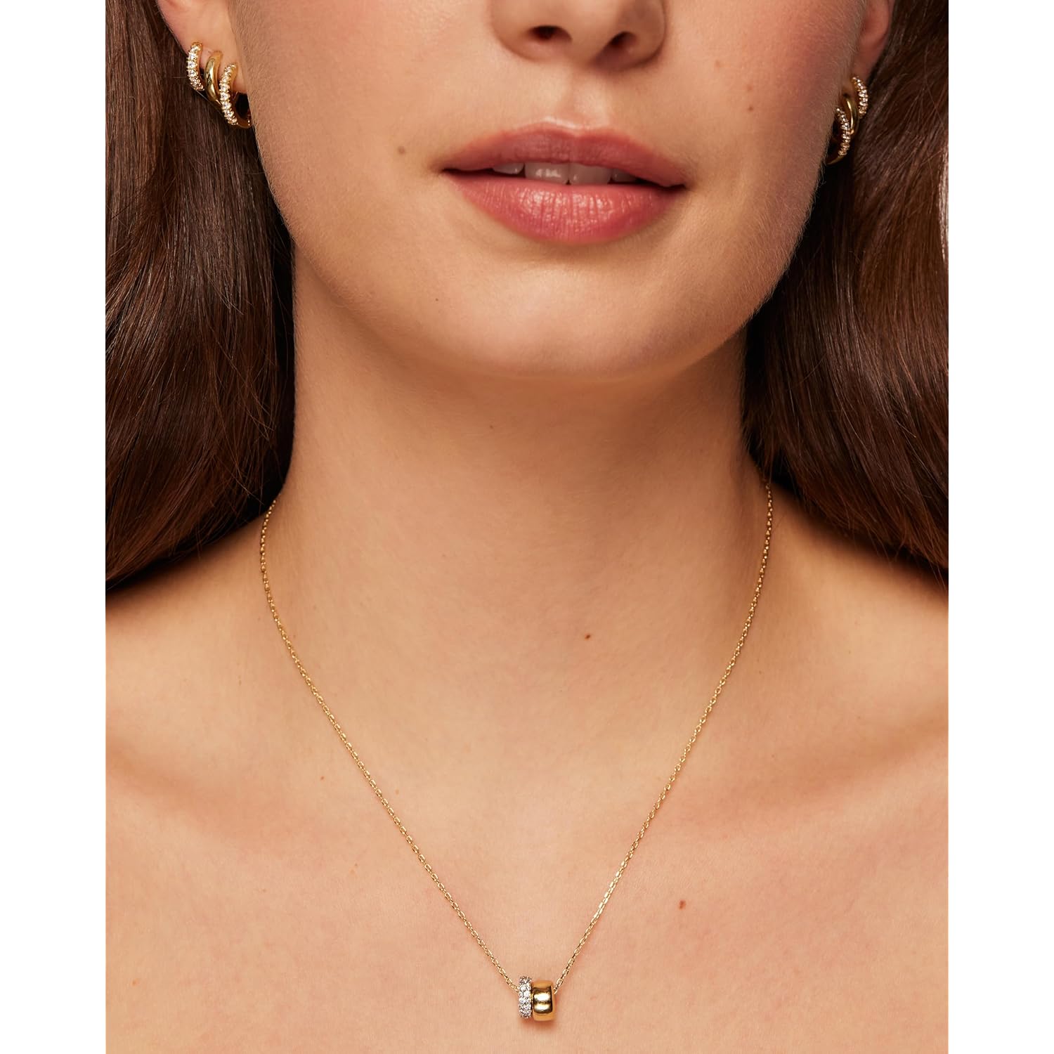 PAVOI 14K Gold Plated Pendant Necklace for Women | Two Distinct Rondelle Pendants with Cubic Zirconia | Sliding Chain Pendant | Trendy Fashion Jewelry