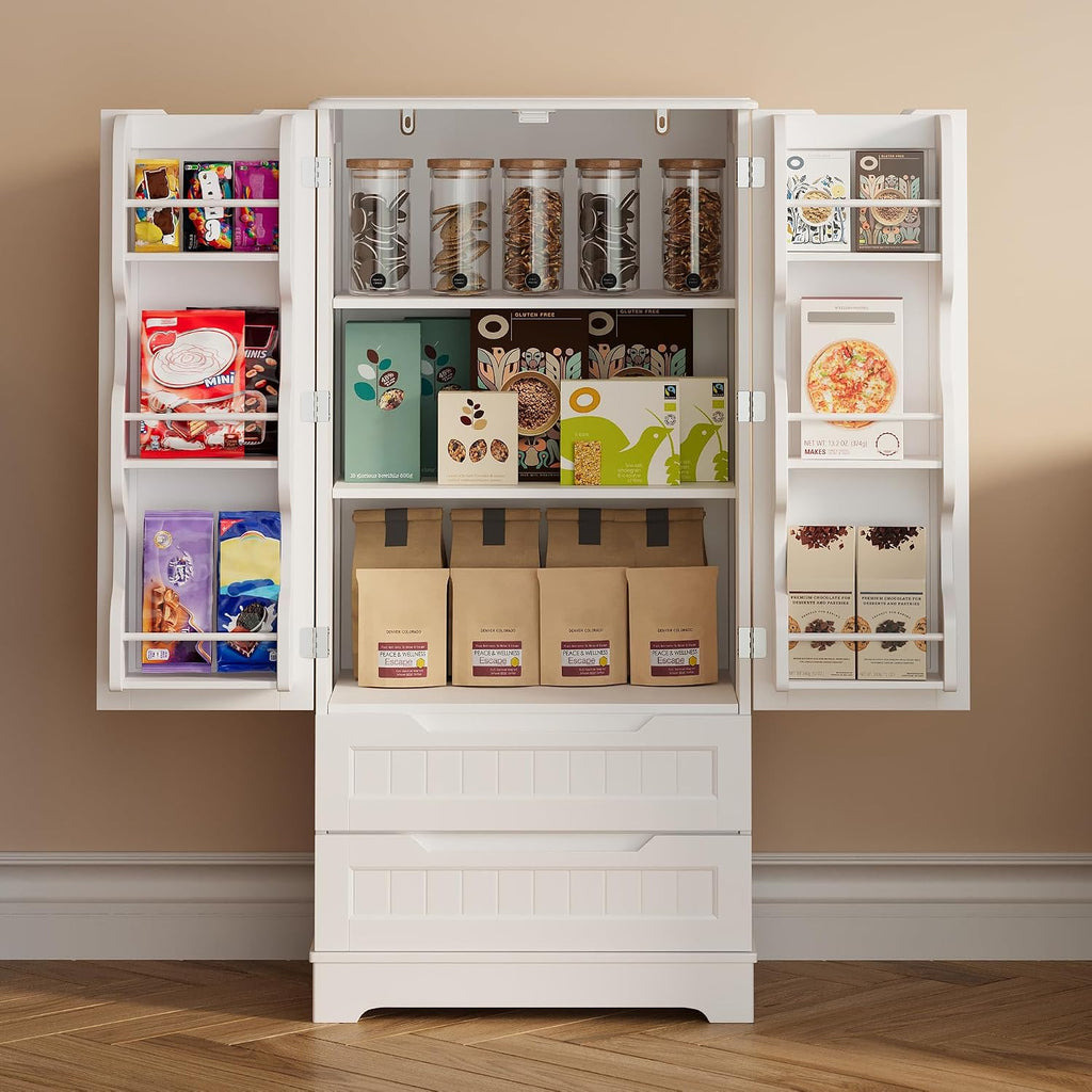 Gizoon Kitchen Pantry Cabinet With Drawers For Dining Room, 47" Small Food Pantry Storage Cabinet With 6 Door Shelves For Snack And Spice, Craft Storage Cabinet For Craft Room, White, Painted