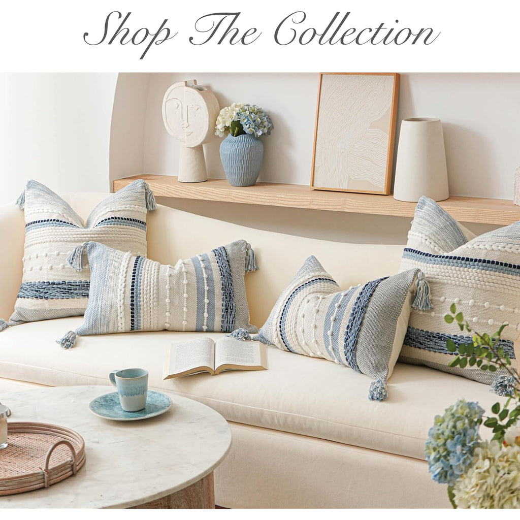 Coastal Blue Decorative Lumbar Pillow Cover 14X36 Boho Long Body Pillow For Bed Farmhouse Lumbar Throw Pillow For Couch Modern Accent Textured Throw Pillowcase
