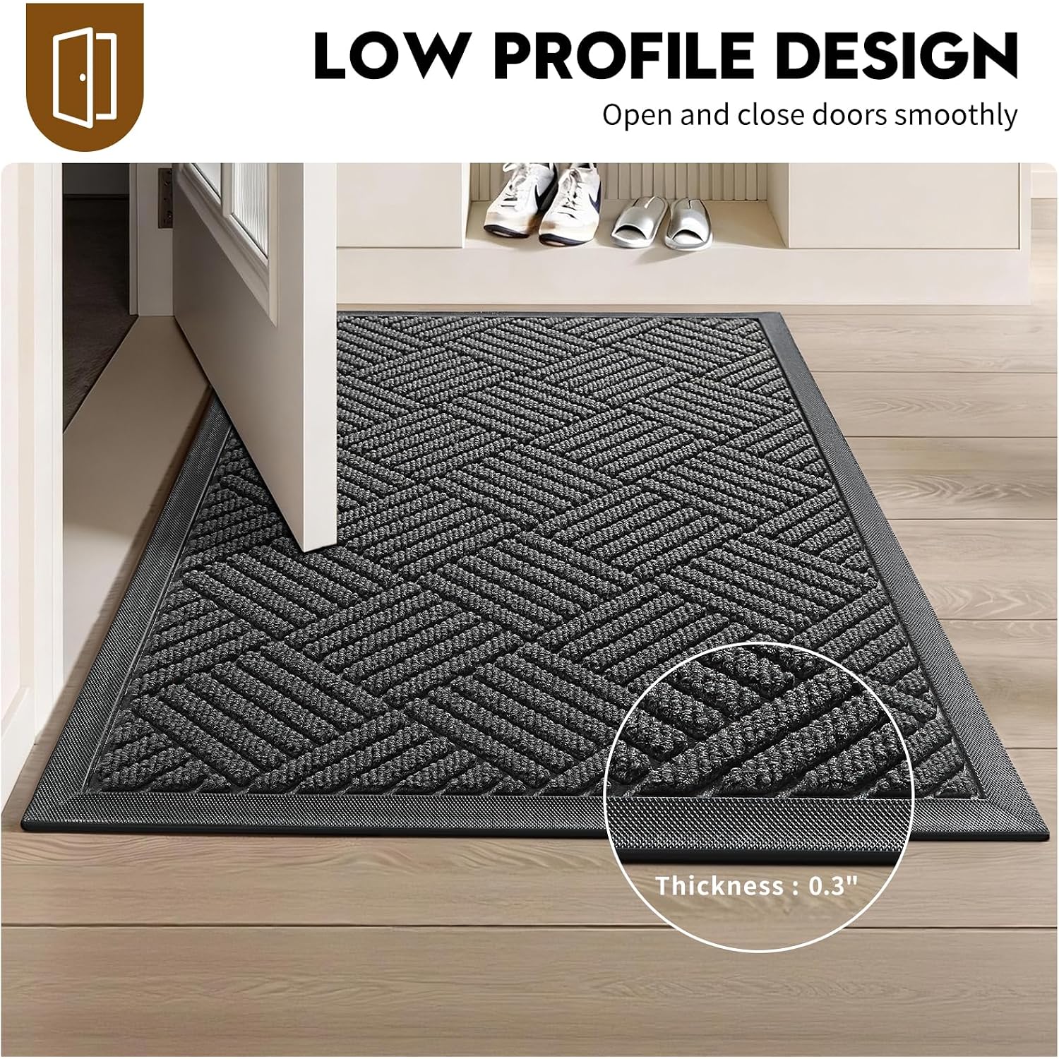Front Door Mat, Heavy Duty Waterproof Doormat 29.5"X17", Grey | Indoor Outdoor Non-Slip Low Profile Dirt Trapper Absorbent Rubber Mat For Entryway, Stain Fade Resistant Easy Clean