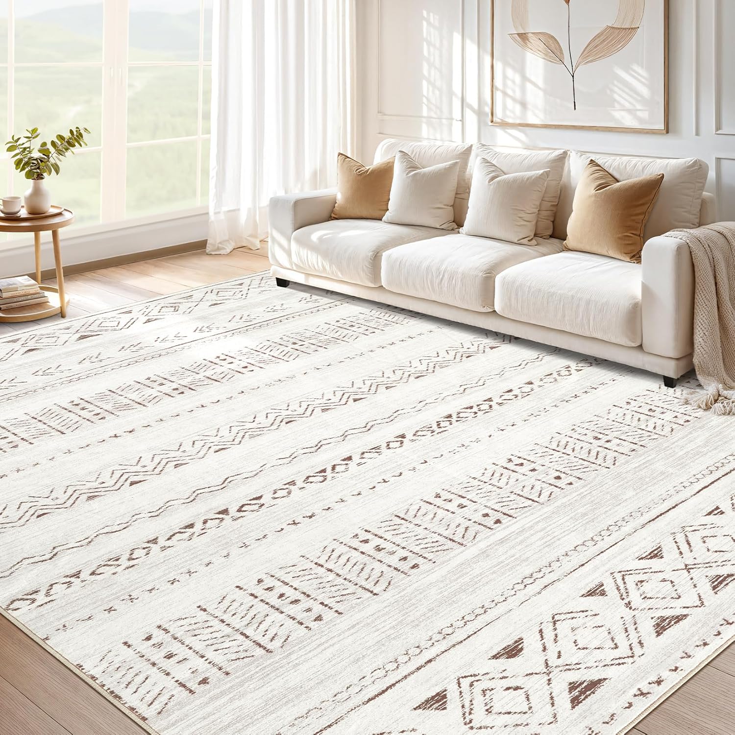 cotiled 5x7 Area Rug Living Room: Washable Boho Rugs with Non Slip Backing Large Soft Indoor Stain Resistant Carpet for Bedroom Farmhouse Dining Room Lightweight Home Decor L Brown/Cream