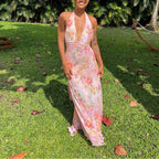 Women Halter Backless Dress Deep V Neck Open Back Mesh Maxi Dress Beach Vacation Wedding Guest