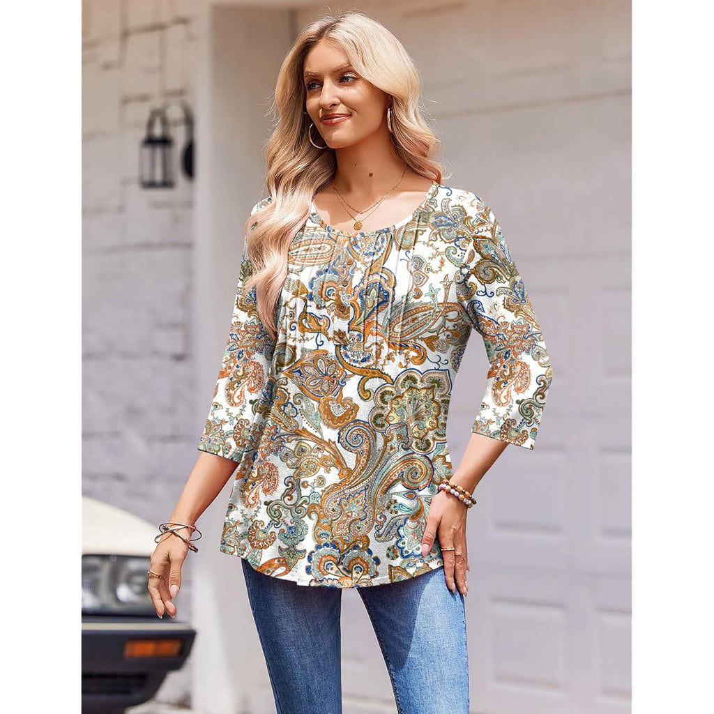 3/4 Length Sleeve Womens Tops Round Neck Casual Summer Tunic Tops Basic Tees Blouses Dressy T-Shirts Pleated Shirts
