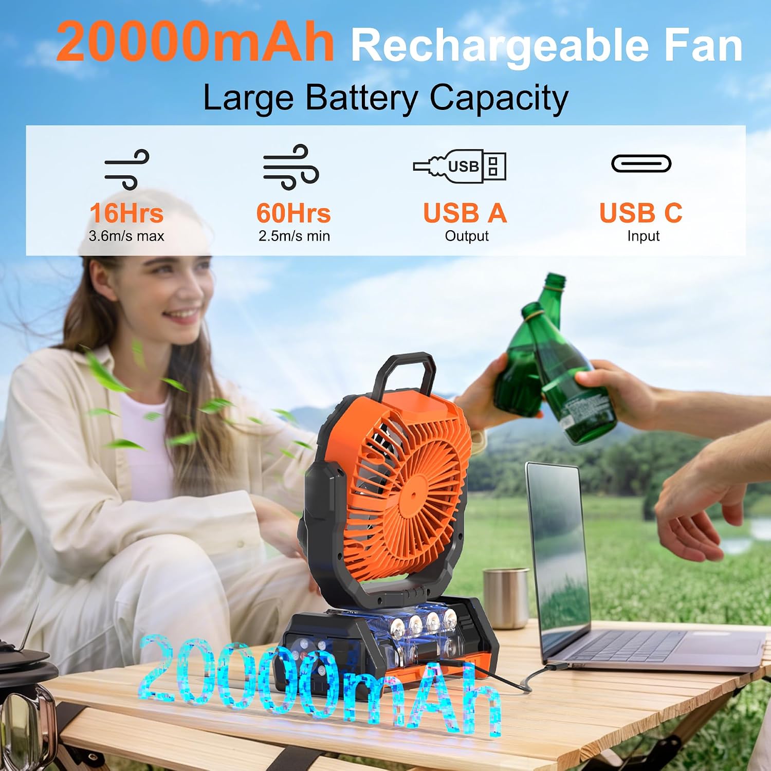 Portable Rechargeable Fan 20000Mah, Camping Fan With Led Light & Remote, Usb C Cordless Battery Powered, 4 Speeds Timer Hanging Hook For Travel Tent Outdoor Essentials - Orange