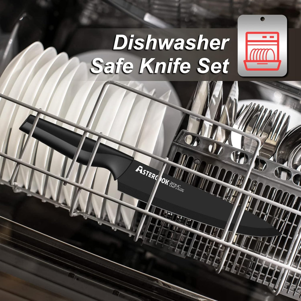 Knife Set, Astercook 21 Pieces Knife Sets For Kitchen With Block, Dishwasher Safe Kitchen Knife Set With Built-In Sharpener, German Stainless Steel Black Knife Block Set, Fathers Day Gift For Men
