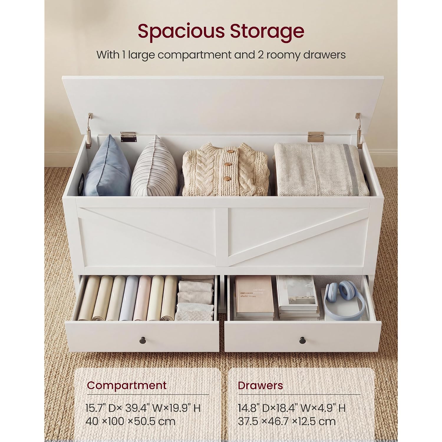 Vasagle Storage Chest, Storage Bench With 2 Fabric Drawers, Farmhouse Style, For Entryway, Bedroom, Living Room, 15.7 X 39.4 X 19.9 Inches, Cloud White Ulsb043W01