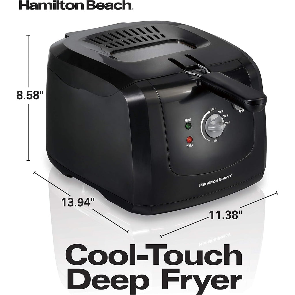 Hamilton Beach Cool Touch Electric Deep Fryer With Basket For Home Use | 2 Liter / 8 Cup Oil Capacity | 1500 Watts | Cool-Touch Sides | Lid With View Window | Adjustable Temperature | Black | 35021