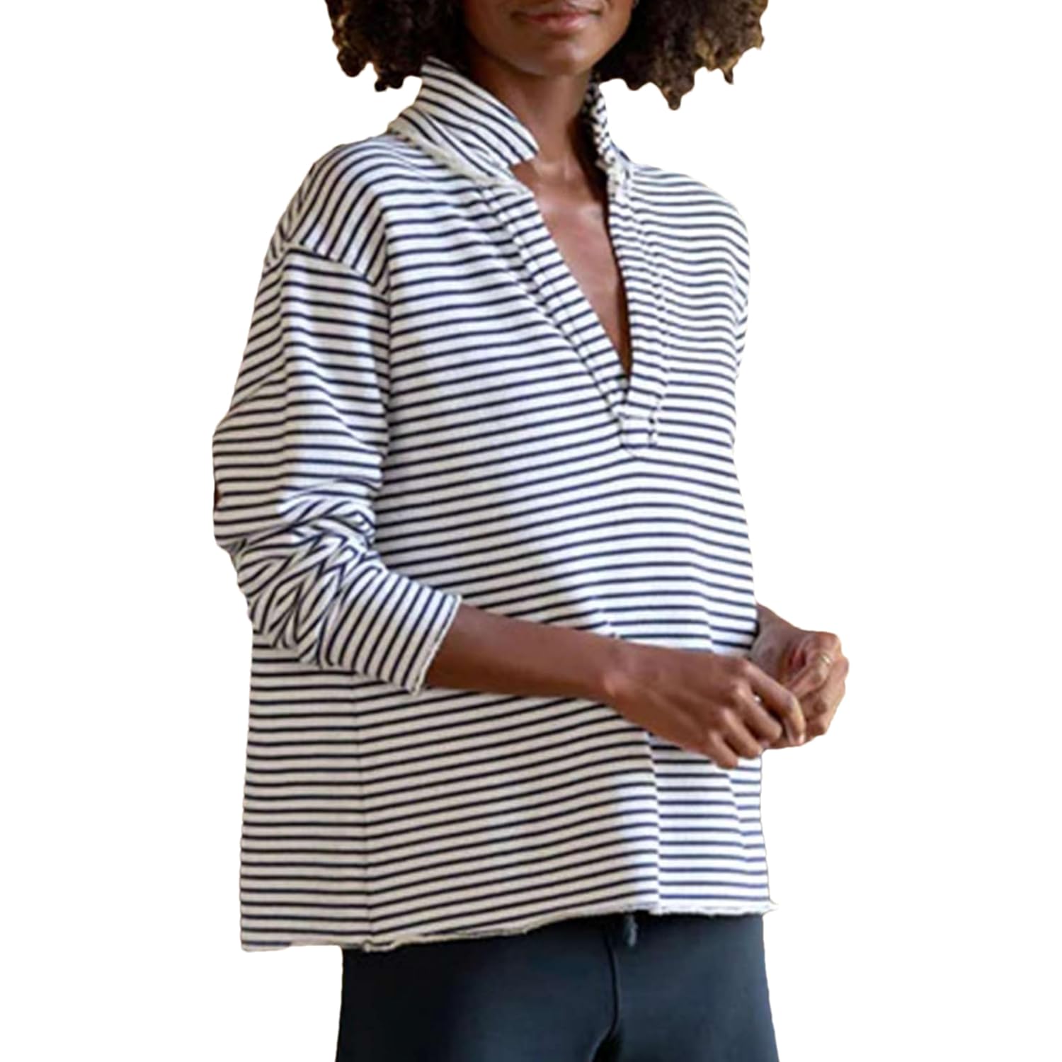 Women's Casual V Neck Pullover Sweatshirt Long Sleeve Solid Color/Stripe Polo Collared Shirts Tops