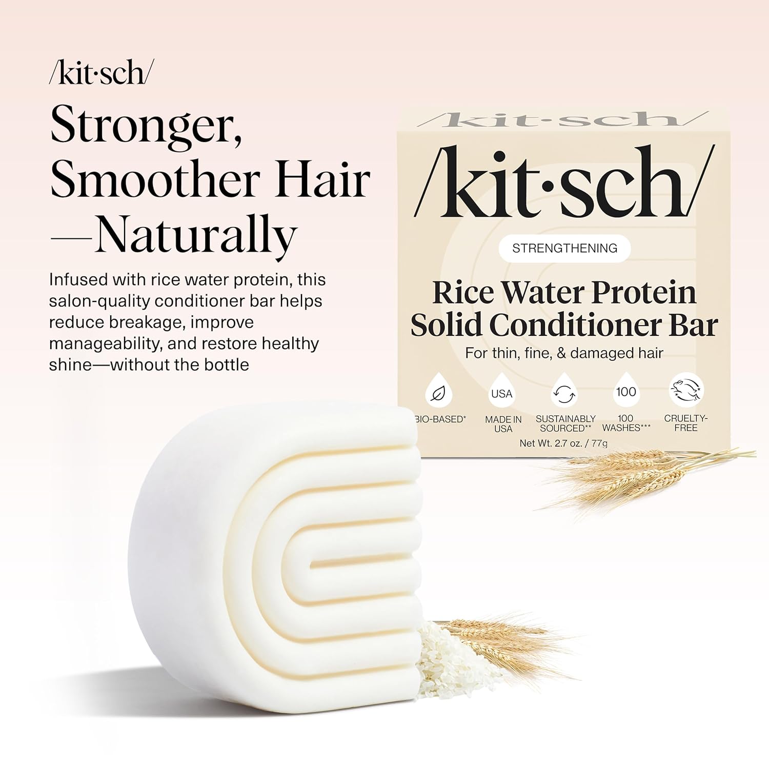 Kitsch Rice Water Conditioner Bar for Hair Growth – Rice Protein Hair Conditioner to Repair Damage, Prevent Split Ends & Boosts Shine – Paraben, Silicone & Sulfate-Free Hair Care - Made in USA, 2.7 oz