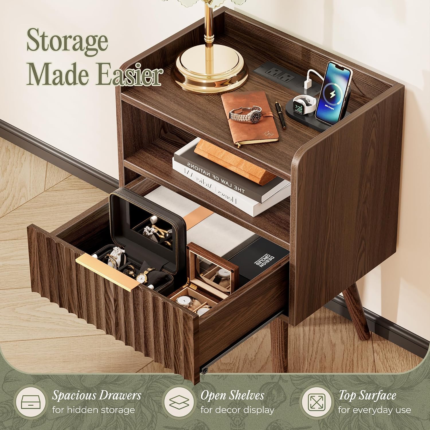 Huuger Nightstand With Charging Station, Usb-C Port, Fluted Night Stand Set Of 2, Bed Side Table With Drawer, Solid Wood Feet, Open Storage, End Table With Raised Edge, For Bedroom, Walnut