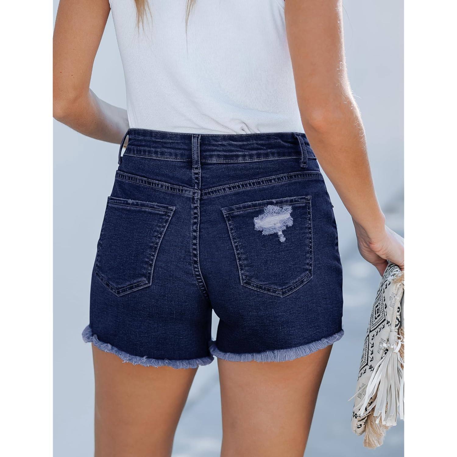 Jean Shorts for Women High Waisted Stretchy Distressed Denim Shorts Ripped Frayed Raw Hem Summer Casual Shorts