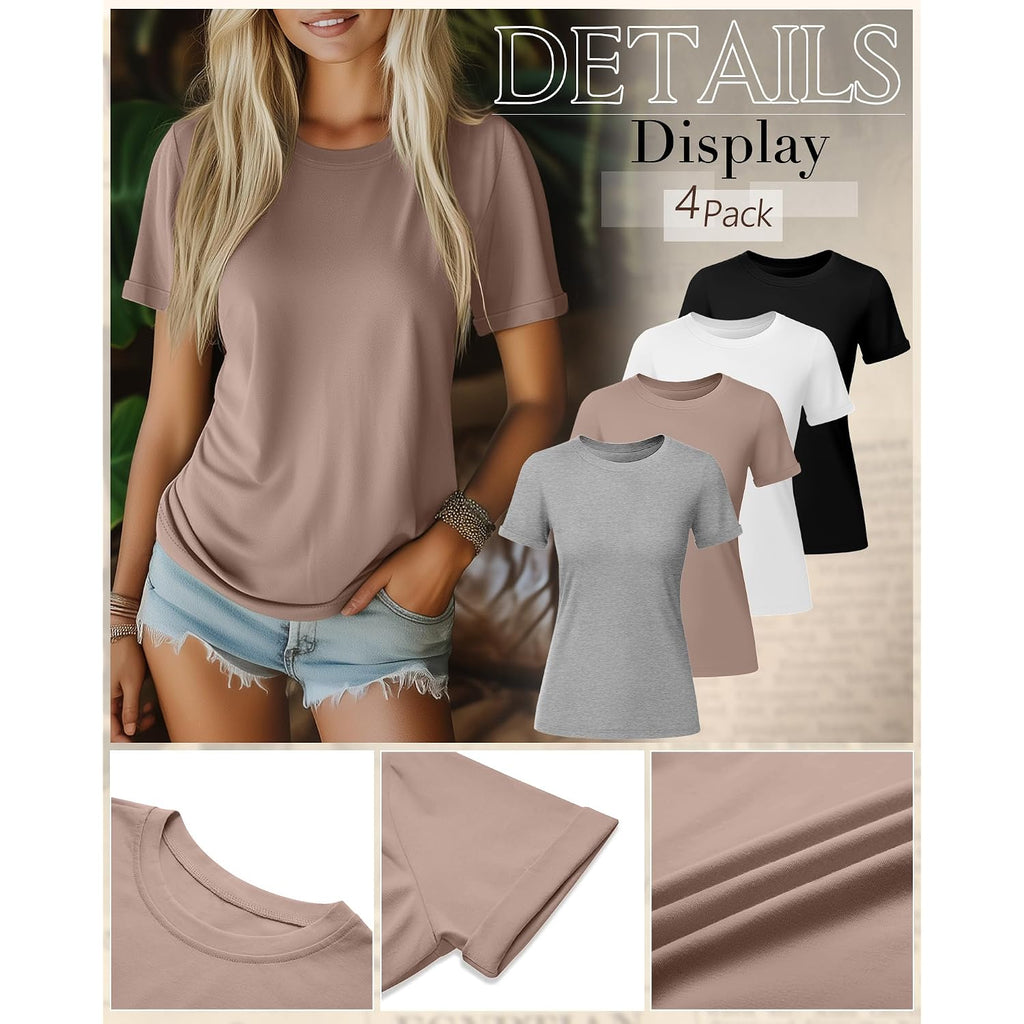 Ficerd 4 Pack Women's Cotton T Shirts Casual Short Sleeve Tunic Tops Crewneck Plain Summer Loose Fit Rolled Sleeve Basic Tee