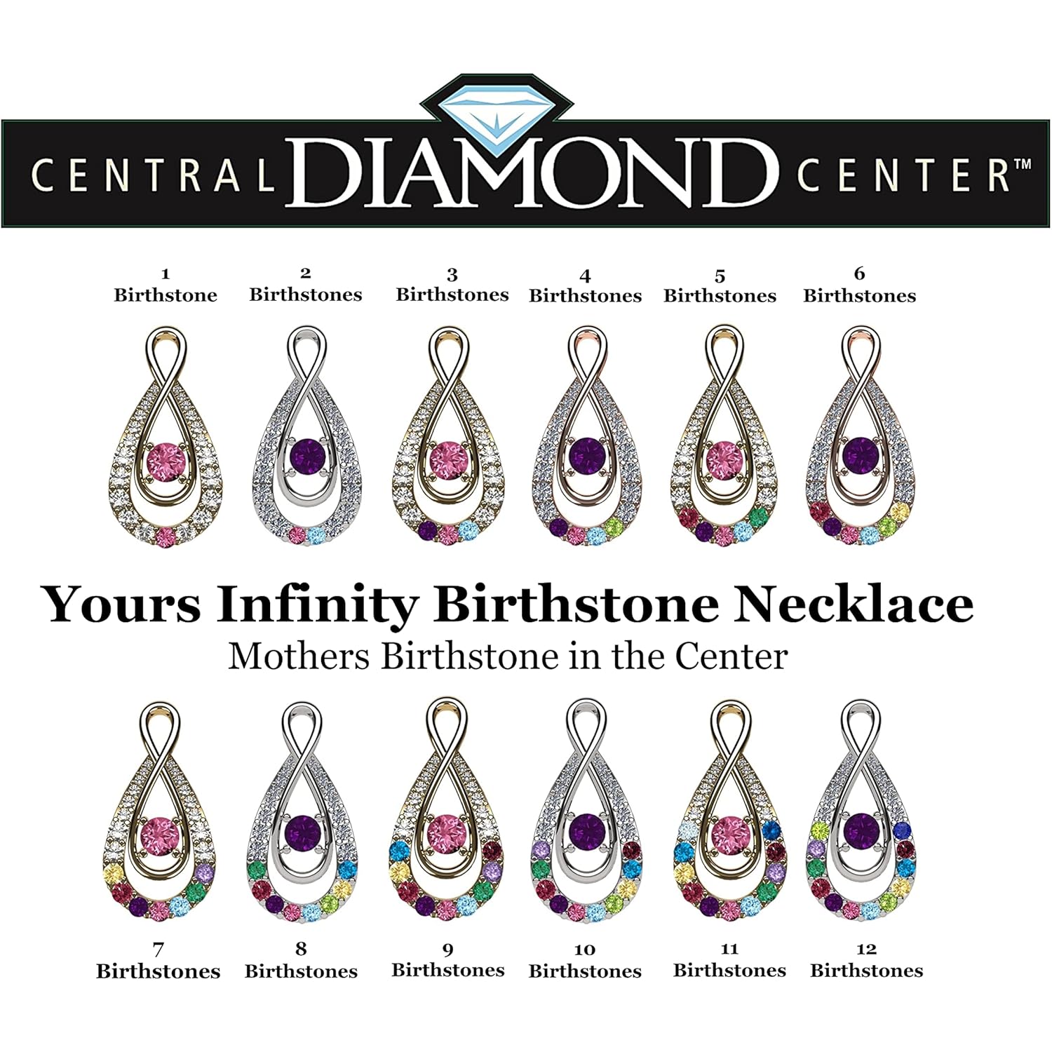Central Diamond Center Yours Infinity Mother & Child Birthstone Necklace w/ 1 to 12 Stones in Silver, 10K, or 14K Gold