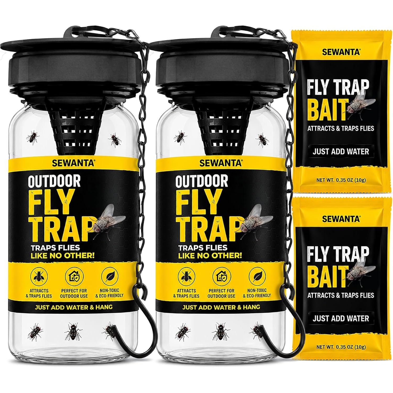 Outdoor Fly Trap [2 Pack] Fly Traps Outdoor With Dissolvable Non-Toxic Bait - Controls Flies For Patios, Hanging Fly Traps With Tie Included