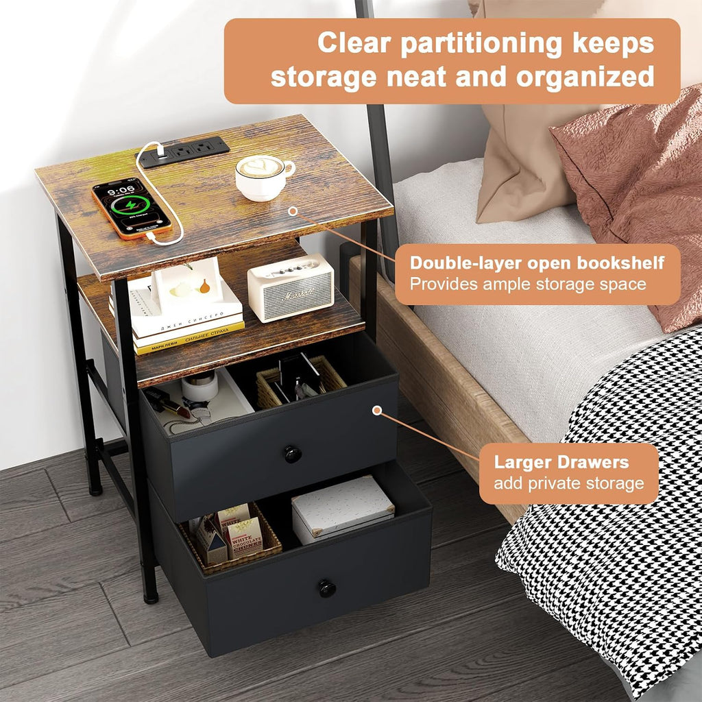 Nightstand With Charging Station, Bedside End Table With 2 Fabric Drawers For Bedroom, Side Table With Usb Ports And Outlets (Brown Black)