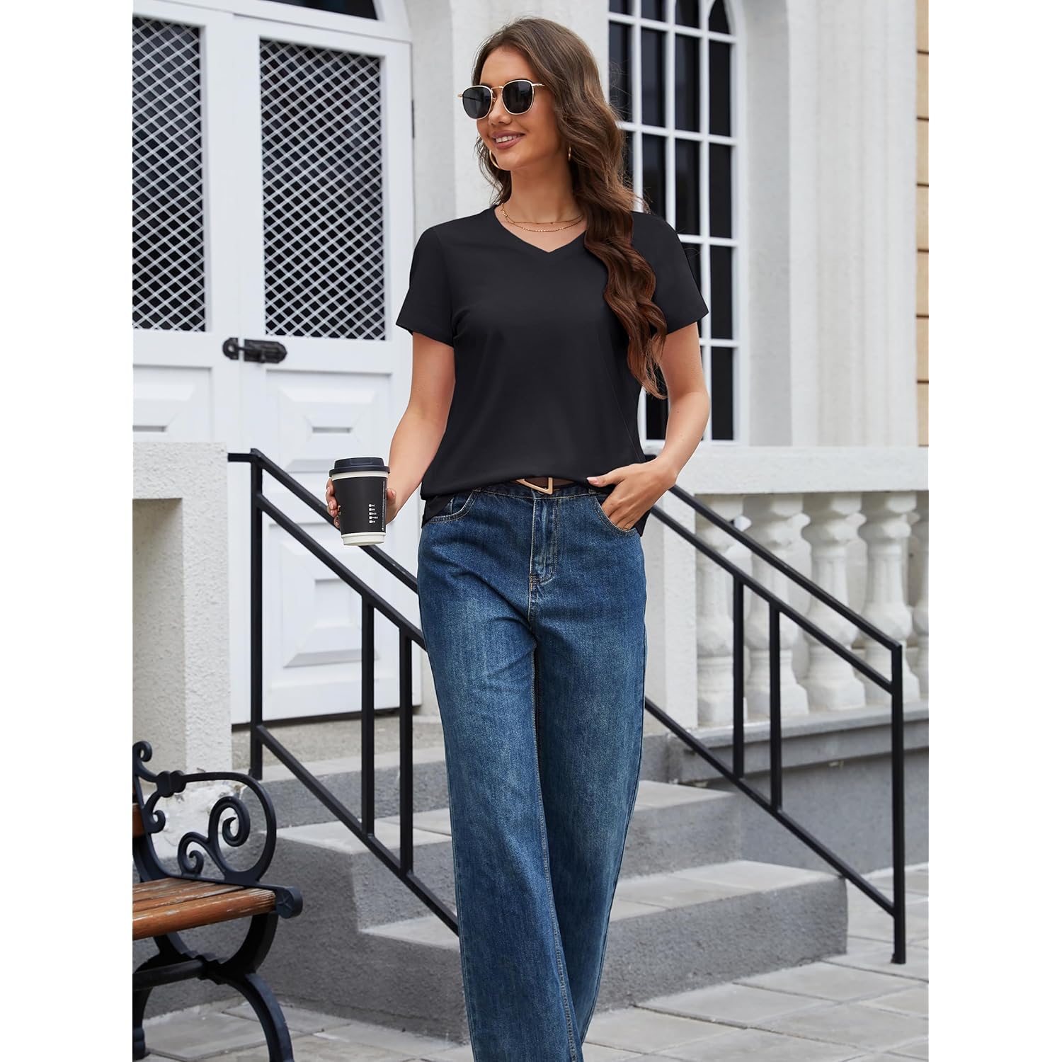 Women's Cotton T Shirt V-Neck Short Sleeve Shirt Classic-Fit Casual Breathable Tee Summer Basic Tops