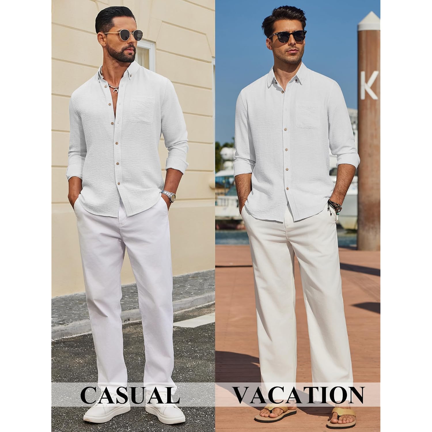 Coofandy Men'S Long Sleeve Button Down Shirt Casual Untucked Shirts Summer Beach Wedding Linen Textured Shirts