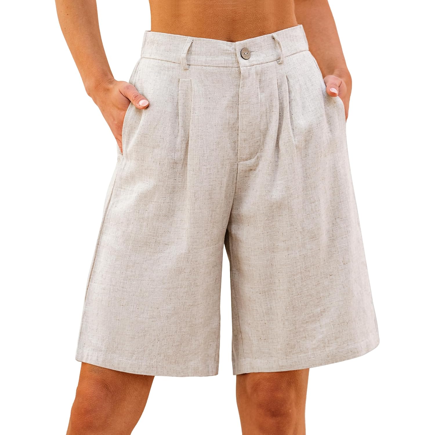 Bermuda Shorts for Women High Waisted Linen Dressy Casual Pleated Wide Leg Summer Shorts with Elastic Waist
