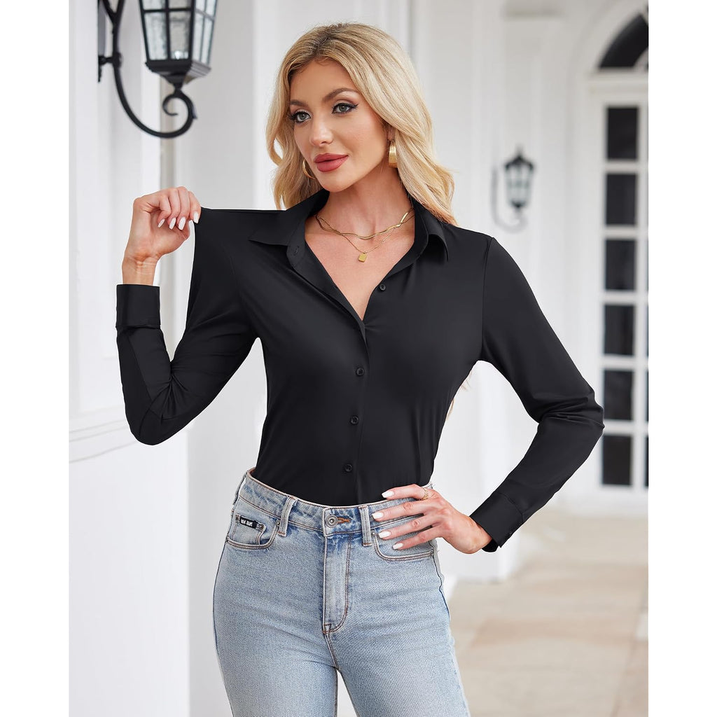 Siliteelon Button Down Shirts For Women Stretch Long Sleeve Fitted Business Casual Collar Tops Work Wrinkle Free