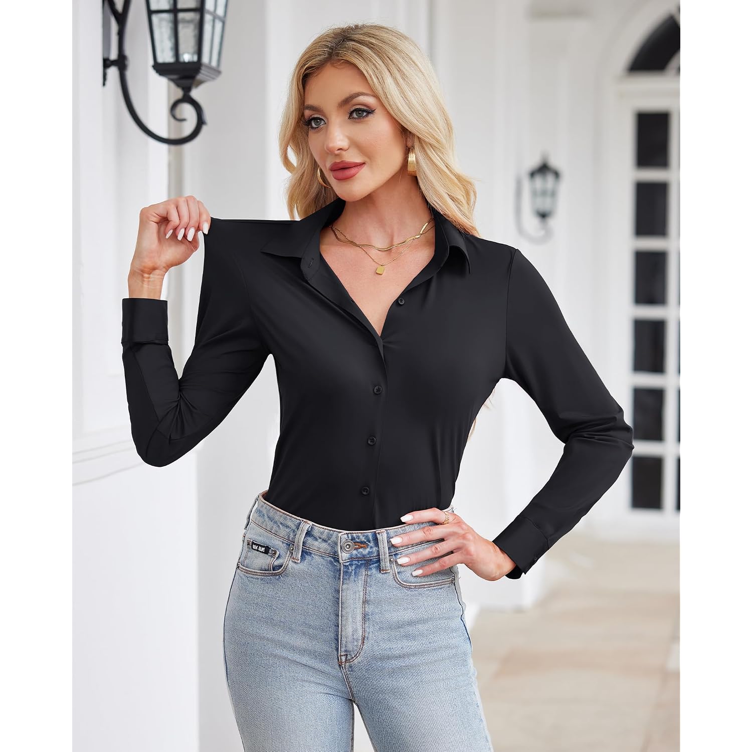 Siliteelon Button Down Shirts For Women Stretch Long Sleeve Fitted Business Casual Collar Tops Work Wrinkle Free