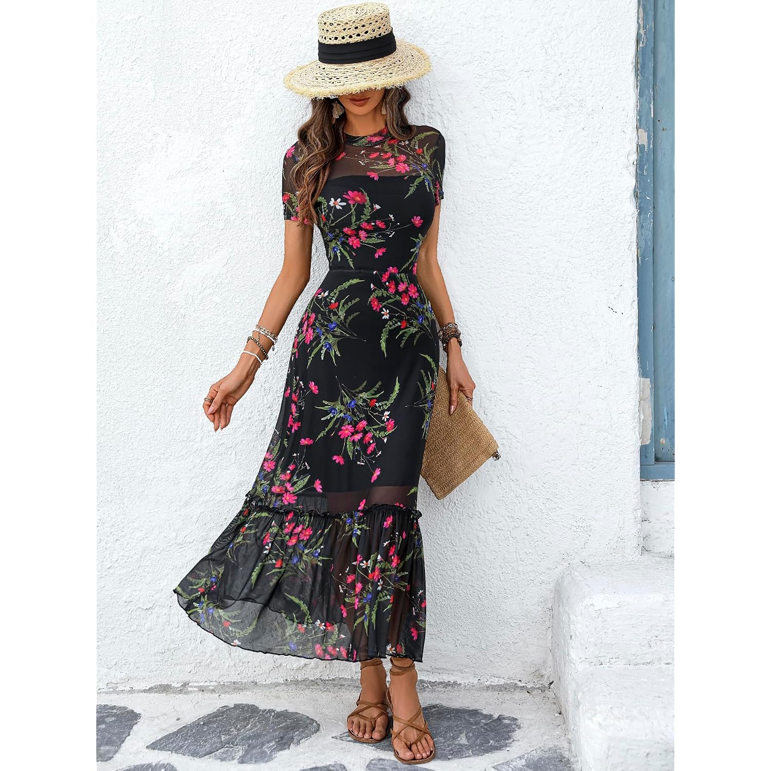 Gothdark Women'S Summer Floral Mesh Ruffle Dress Short Sleeve Round Neck Waist Cinched Casual Maxi Wedding Guest Dresses